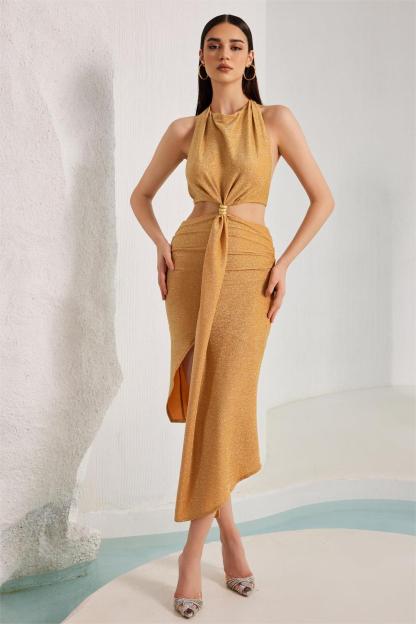 Halter Neck Backless Split Midi Dress