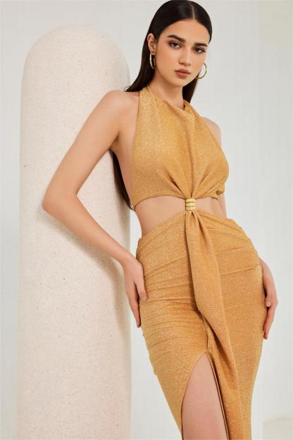 Halter Neck Backless Split Midi Dress