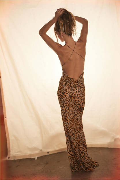 Lace V-Neck Leopard Print Maxi Dress