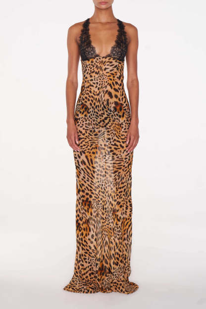 Lace V-Neck Leopard Print Maxi Dress