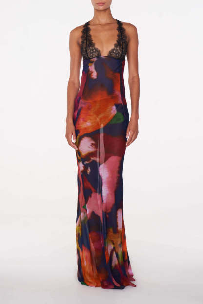 Lace V-Neck Abstract Print Maxi Dress