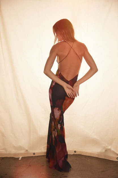 Lace V-Neck Abstract Print Maxi Dress