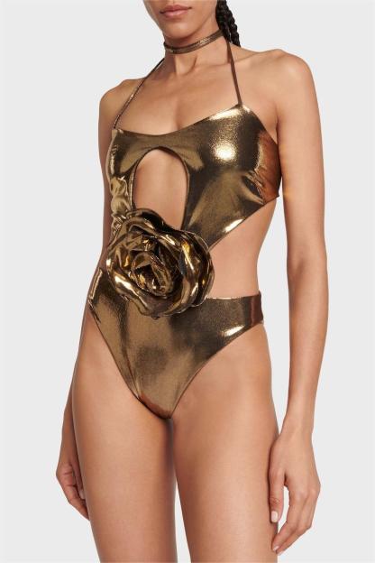 3D Floral Gold Metallic Cut-Out One Piece Swimsuit