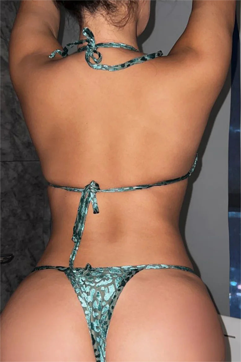 Leopard Print Laced Up Bikini Swimsuit