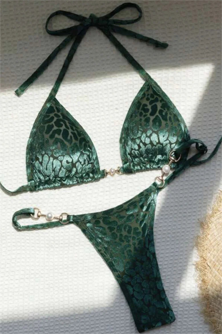 Leopard Print Laced Up Bikini Swimsuit