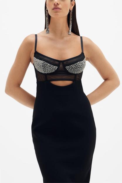 Knit Cut-Out Backless Rhinestone Slip Midi Dress