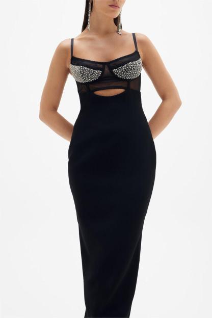 Knit Cut-Out Backless Rhinestone Slip Midi Dress