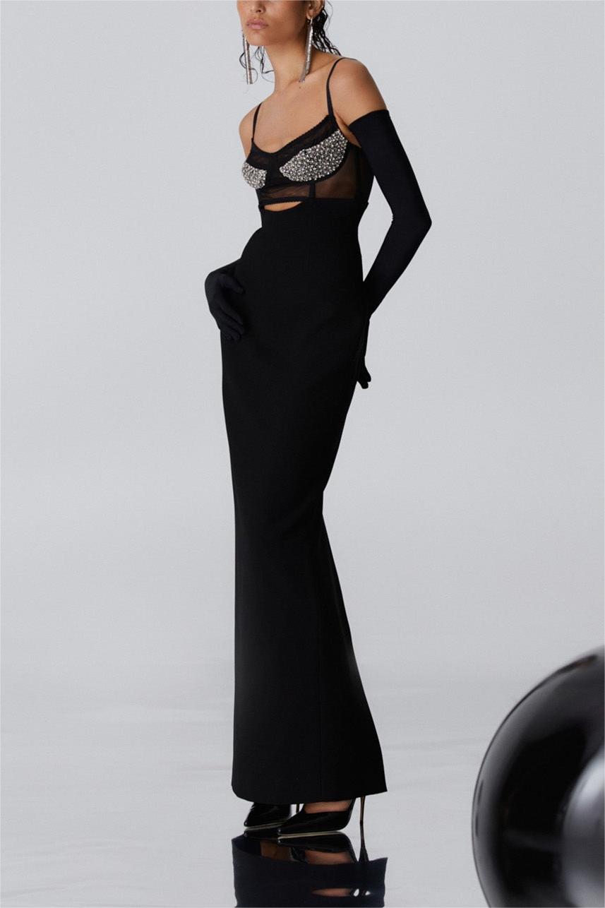 Knit Cut-Out Backless Rhinestone Slip Midi Dress