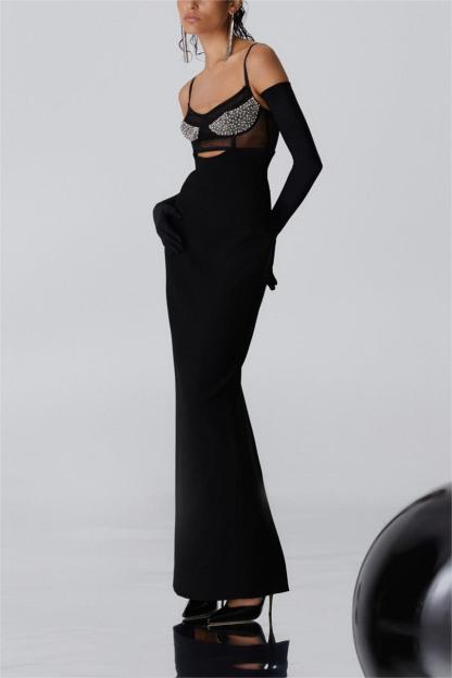 Knit Cut-Out Backless Rhinestone Slip Midi Dress