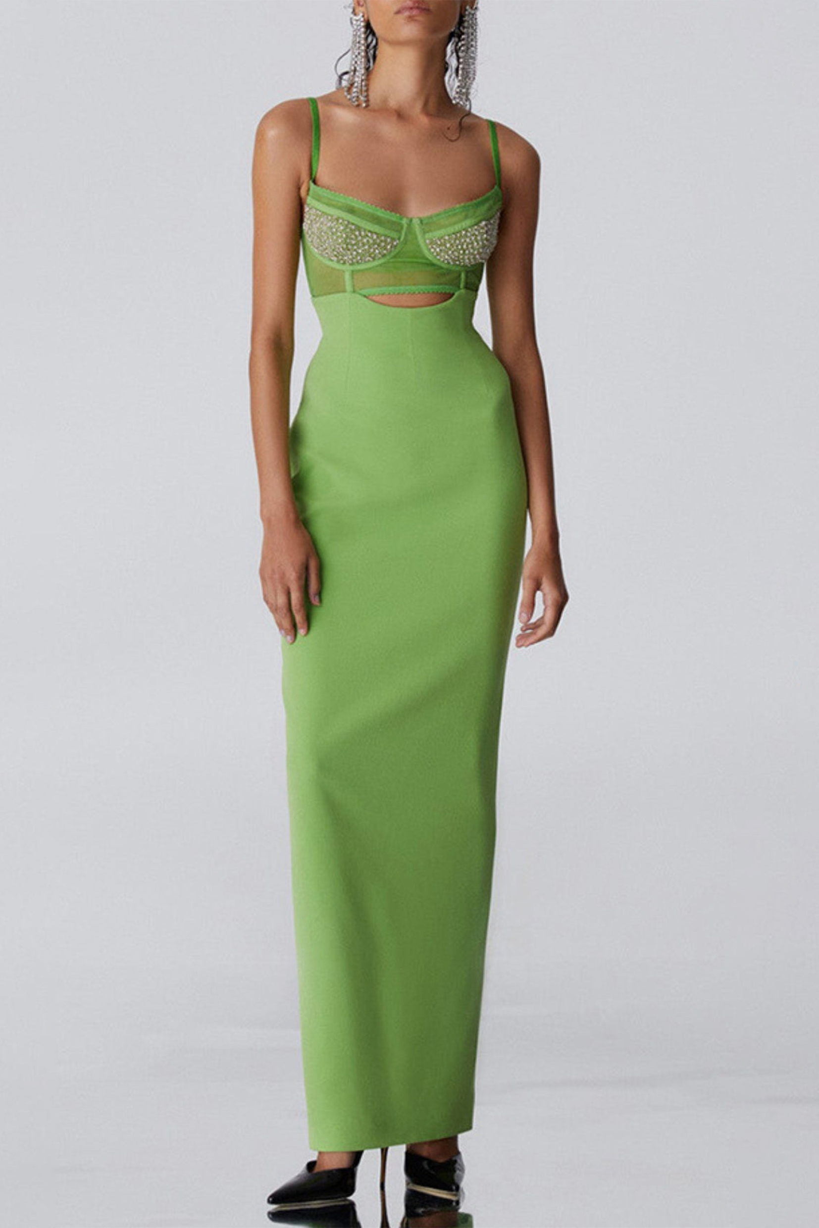 Knit Cut-Out Backless Rhinestone Slip Midi Dress