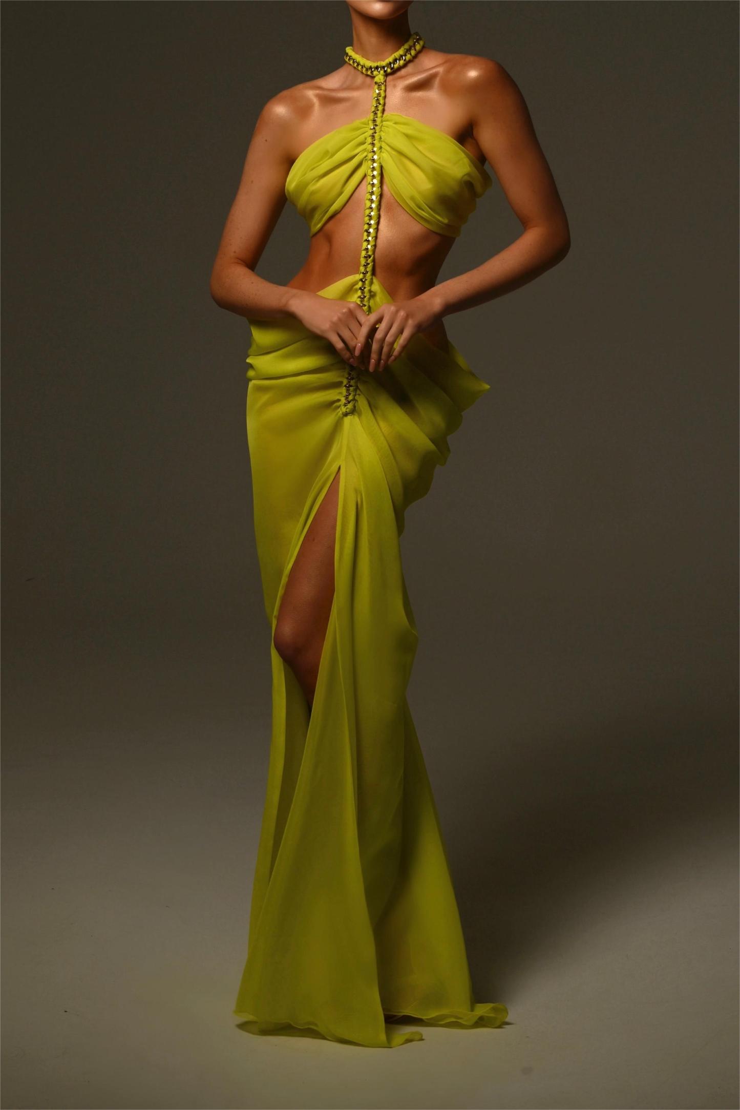 Chiffon Halter Neck Cut-Out Split Midi Dress