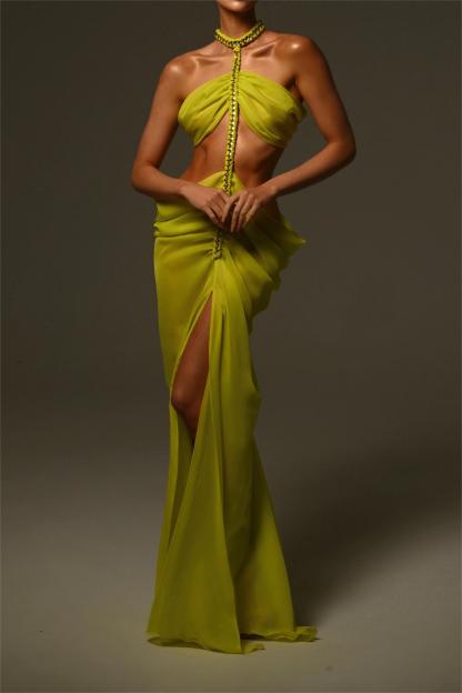 Chiffon Halter Neck Cut-Out Split Midi Dress