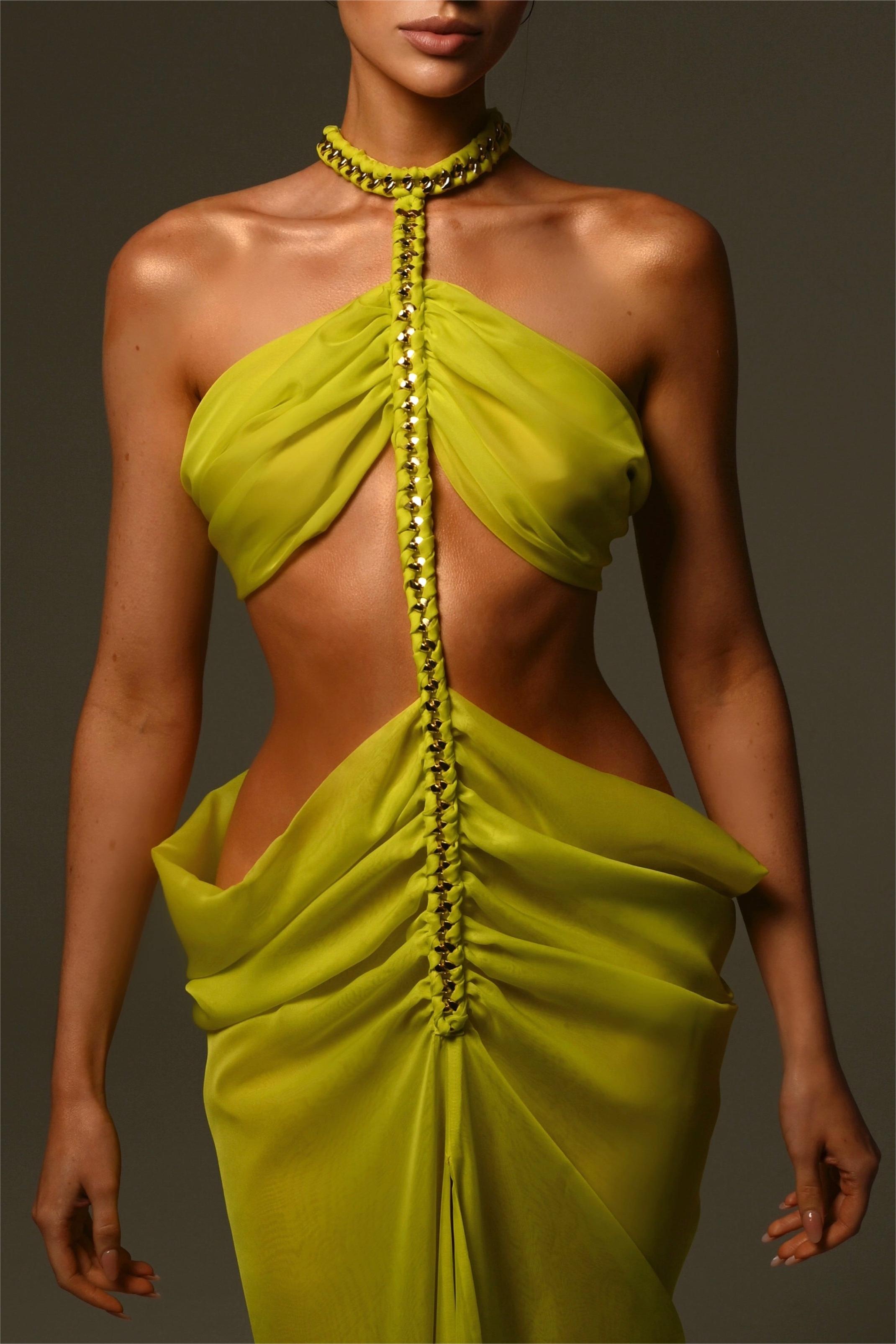 Chiffon Halter Neck Cut-Out Split Midi Dress