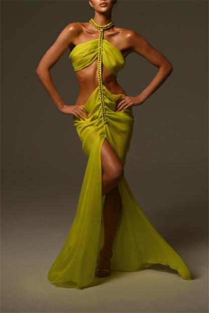 Chiffon Halter Neck Cut-Out Split Midi Dress