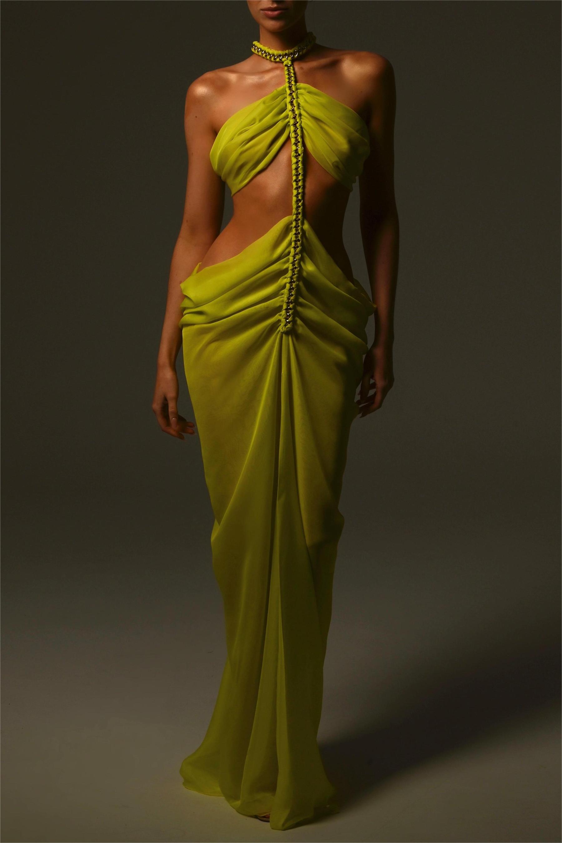 Chiffon Halter Neck Cut-Out Split Midi Dress