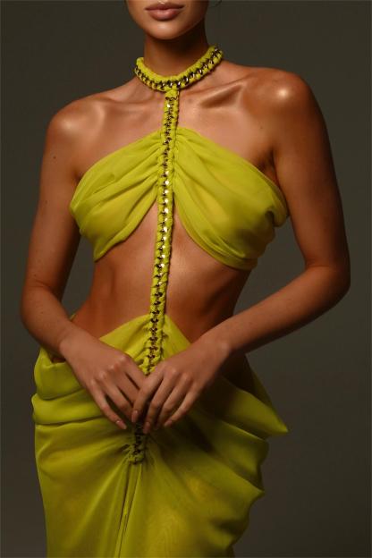 Chiffon Halter Neck Cut-Out Split Midi Dress