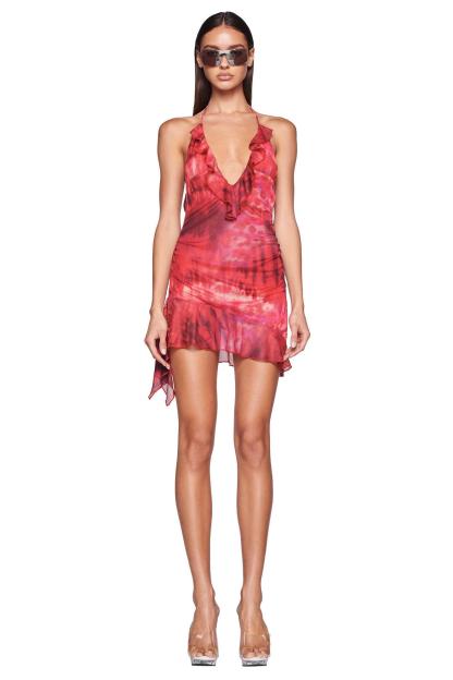 Mesh V-Neck Frill Slip Mini Dress