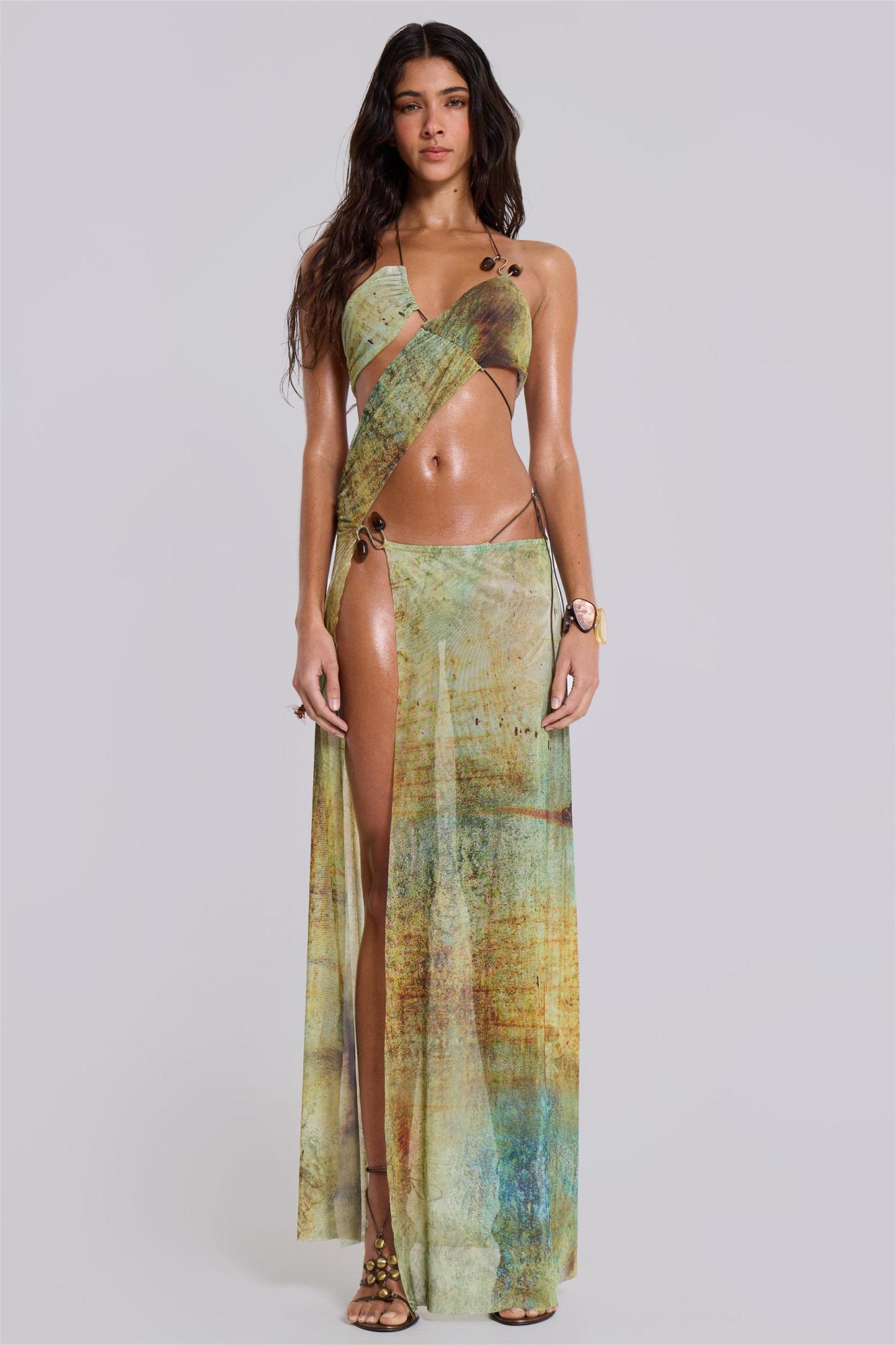 Mesh Cut-Out Halter Neck Midi Dress