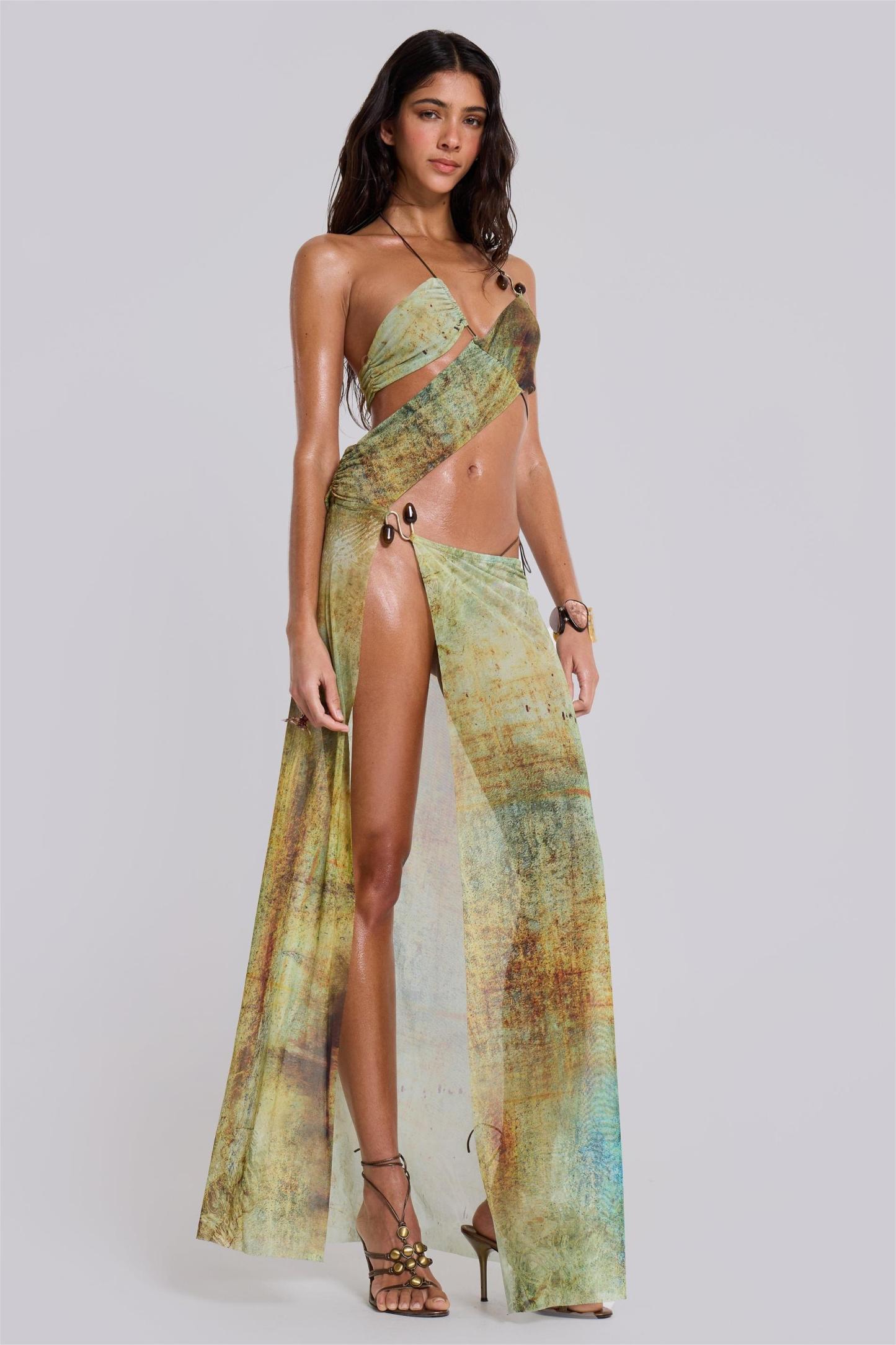 Mesh Cut-Out Halter Neck Midi Dress