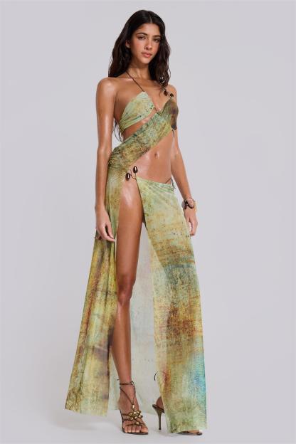 Mesh Cut-Out Halter Neck Midi Dress