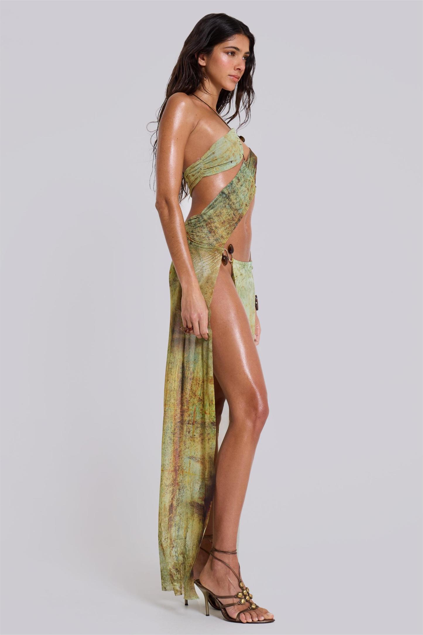 Mesh Cut-Out Halter Neck Midi Dress