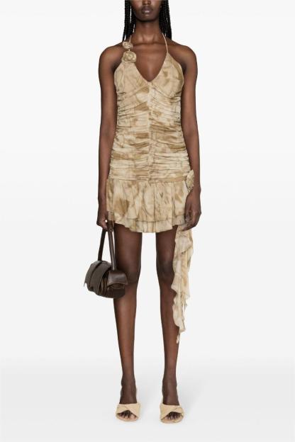 3D Floral Halter Neck Frill Mini Dress