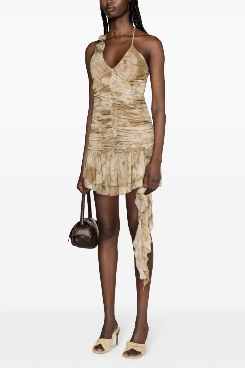 3D Floral Halter Neck Frill Mini Dress