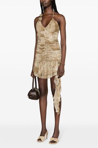 3D Floral Halter Neck Frill Mini Dress