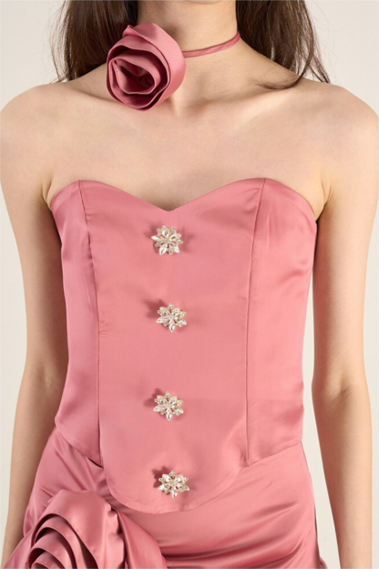 Satin Off-Shoulder Top & 3D Flower Mini Skirt Set With Chocker