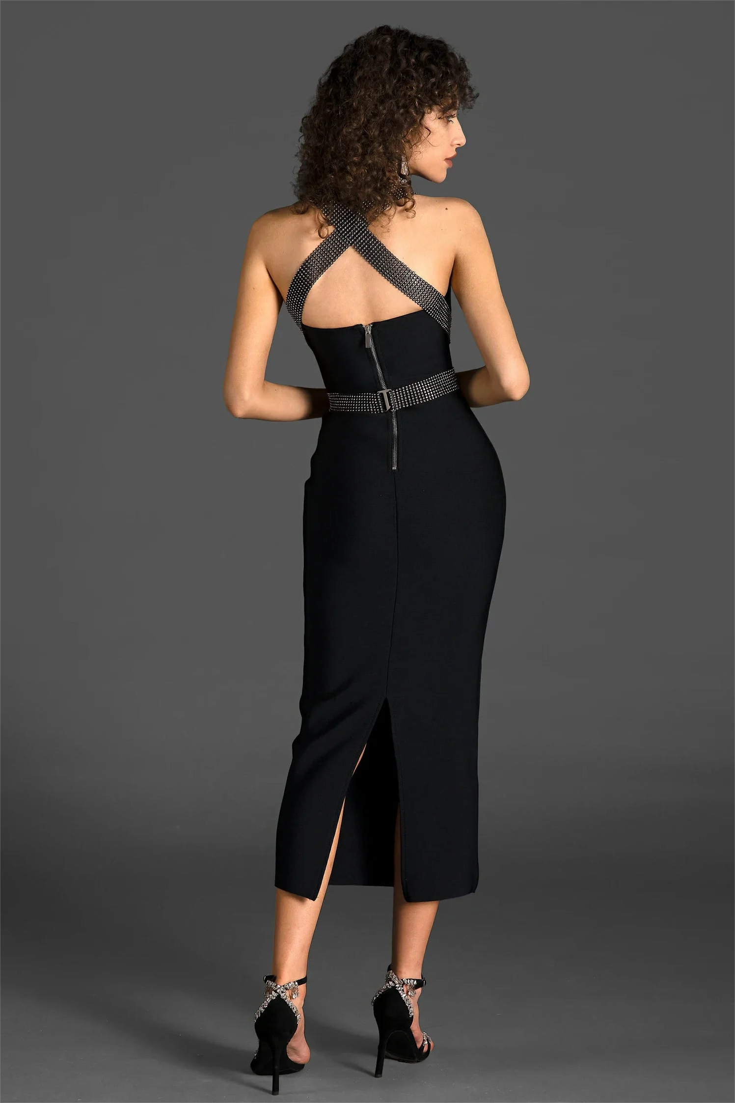 Rhinestone Knit Sleeveless Split Midi Dress