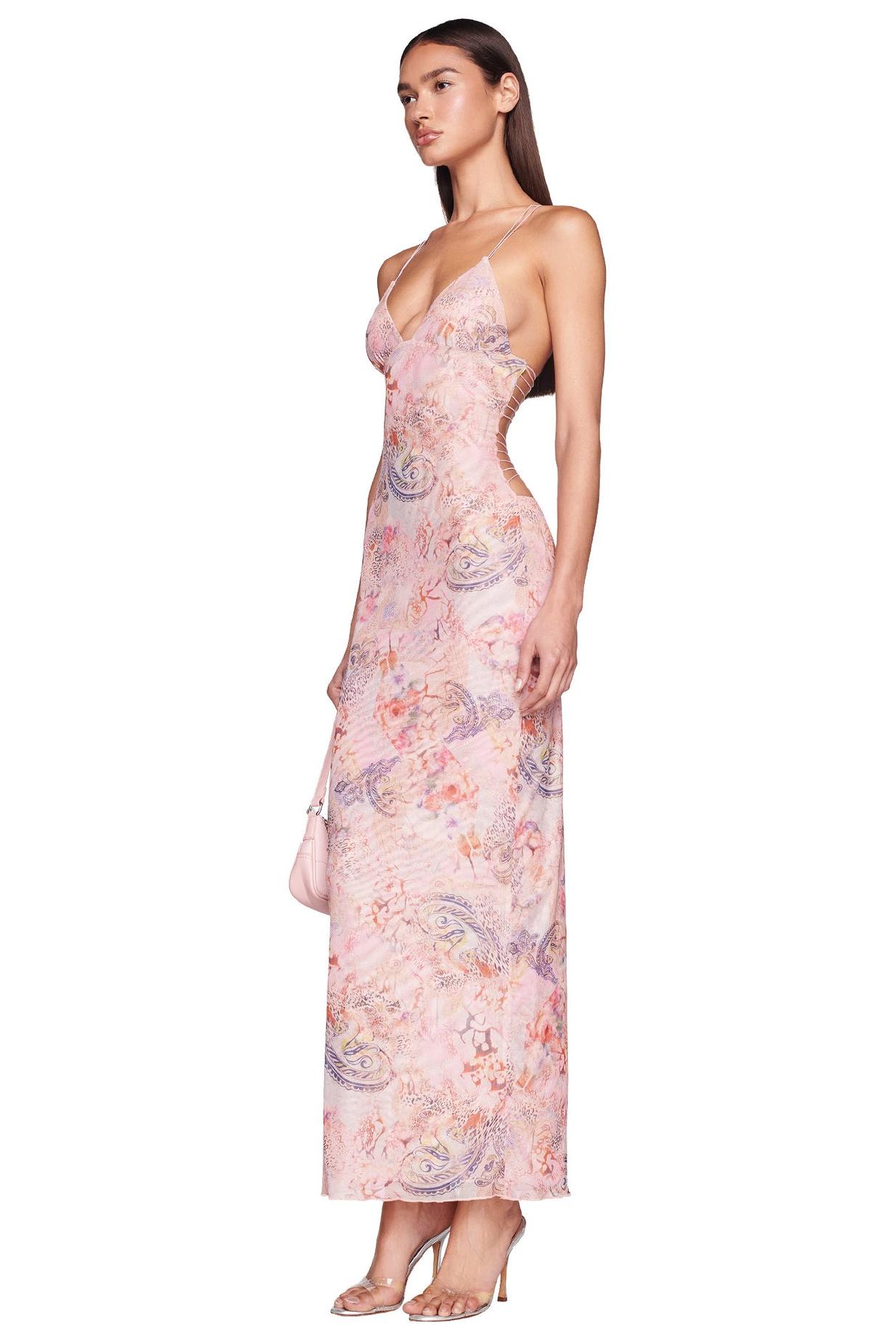 Abstract Print Halter Neck Backless Maxi Dress