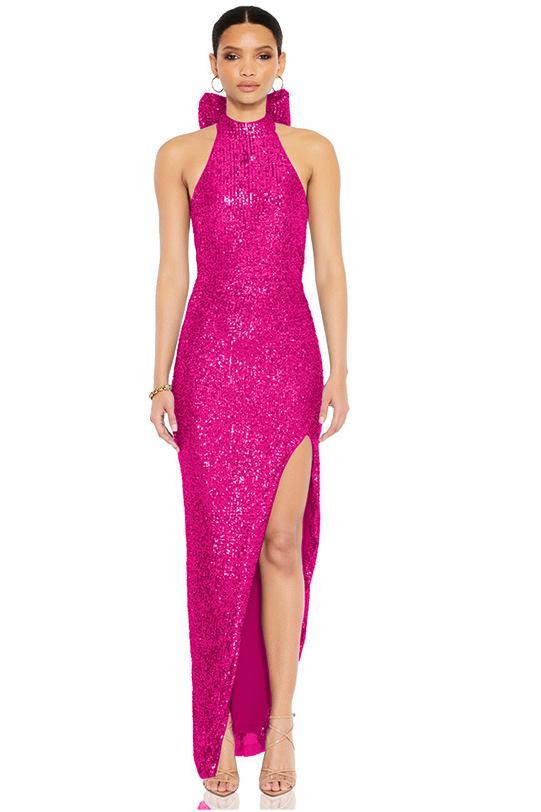 Sequin Bow Sleeveless Split Maxi Dress