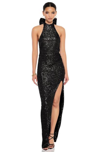 Sequin Bow Sleeveless Split Maxi Dress