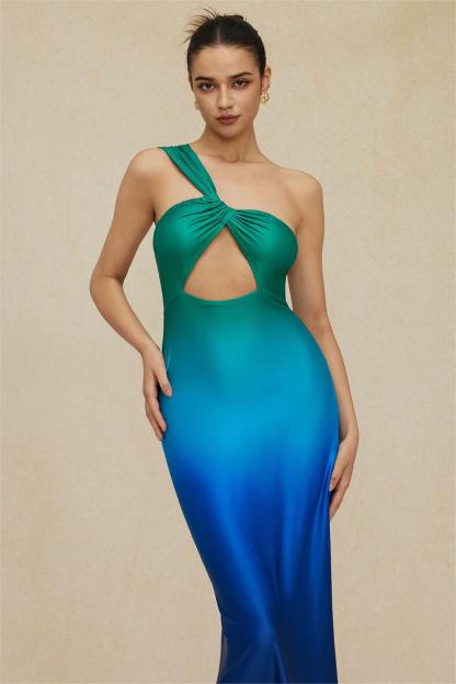One-Shoulder Cut-Out Gradient Color Maxi Dress