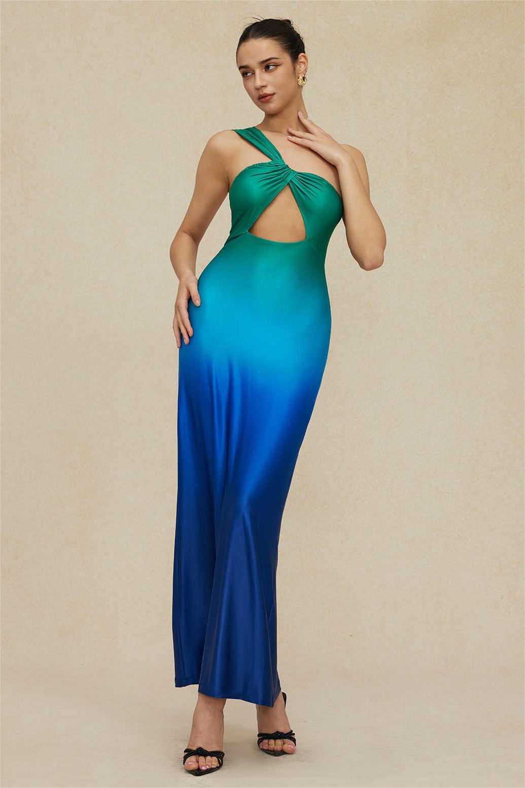 One-Shoulder Cut-Out Gradient Color Maxi Dress