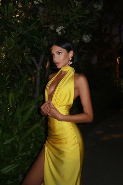 Satin V-Neck Backless Split Maxi Dress