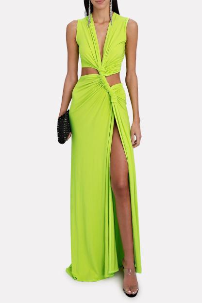 Solid V-Neck Cut-Out Split Maxi Dress