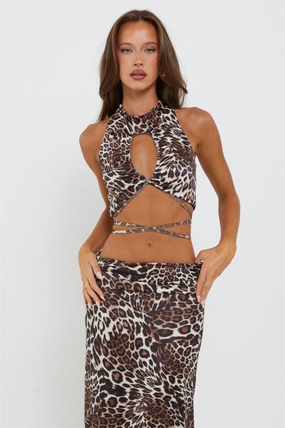 Leopard Print Shirring Lace Up Top & Low Waist Maxi Skirt Set