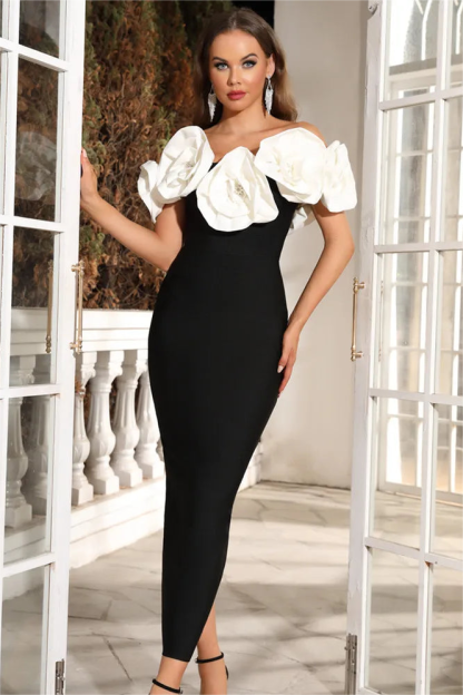 3D Flowers Bandage Off-Shoulder Midi Dress