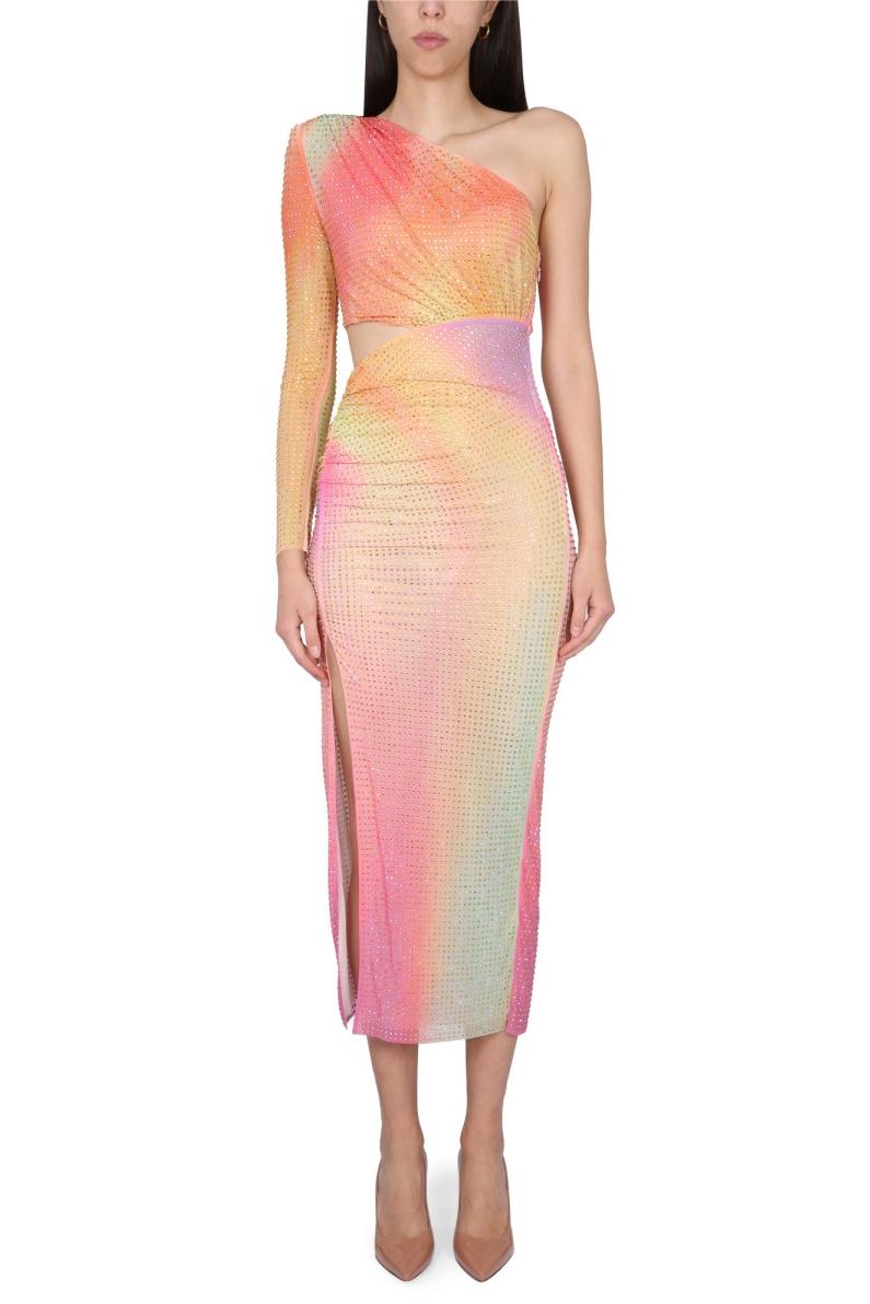 Rhinestone Mesh One-Shoulder Split Midi Dress