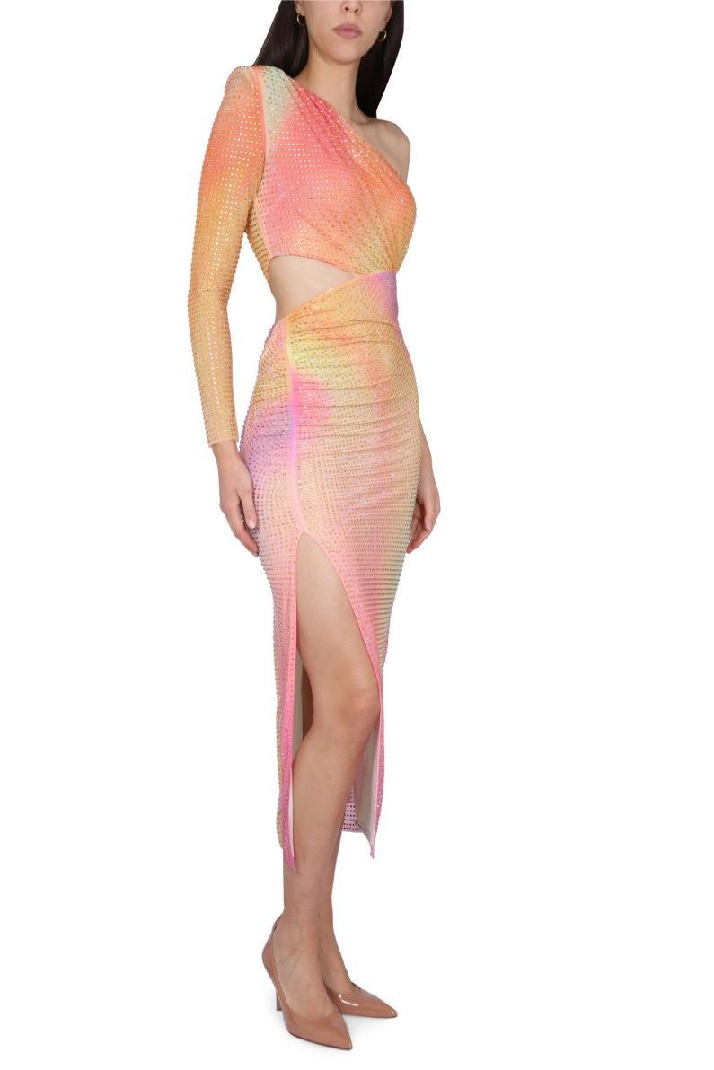 Rhinestone Mesh One-Shoulder Split Midi Dress