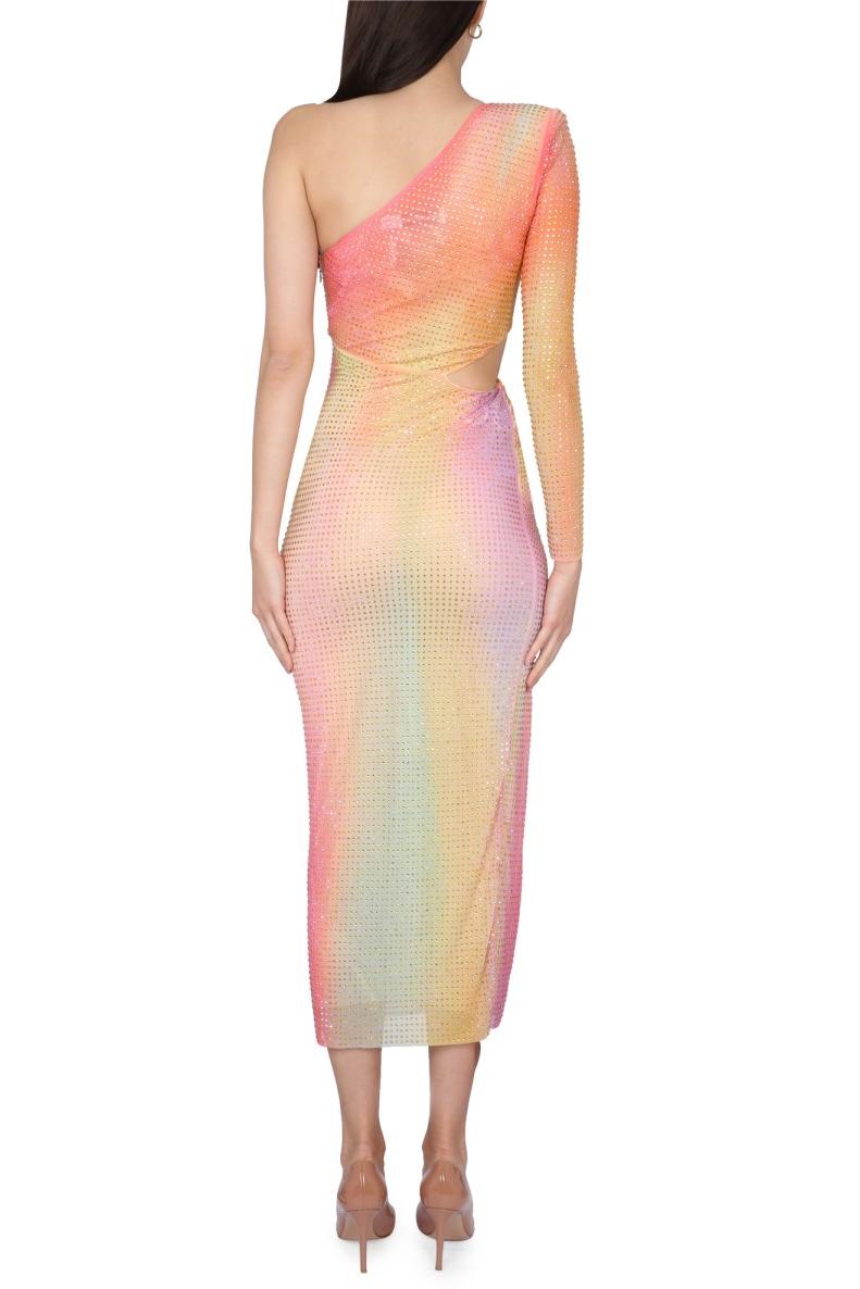 Rhinestone Mesh One-Shoulder Split Midi Dress