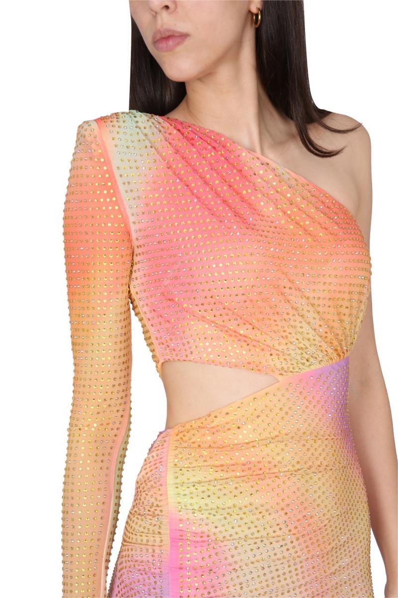 Rhinestone Mesh One-Shoulder Split Midi Dress