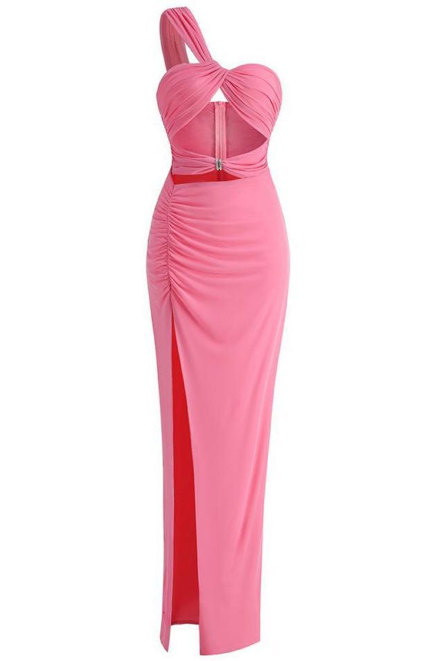Solid One-Shoulder Cut-Out Knotted Midi Dress