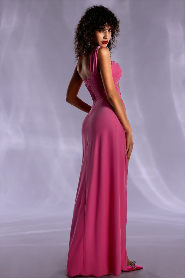Solid One-Shoulder Cut-Out Knotted Midi Dress