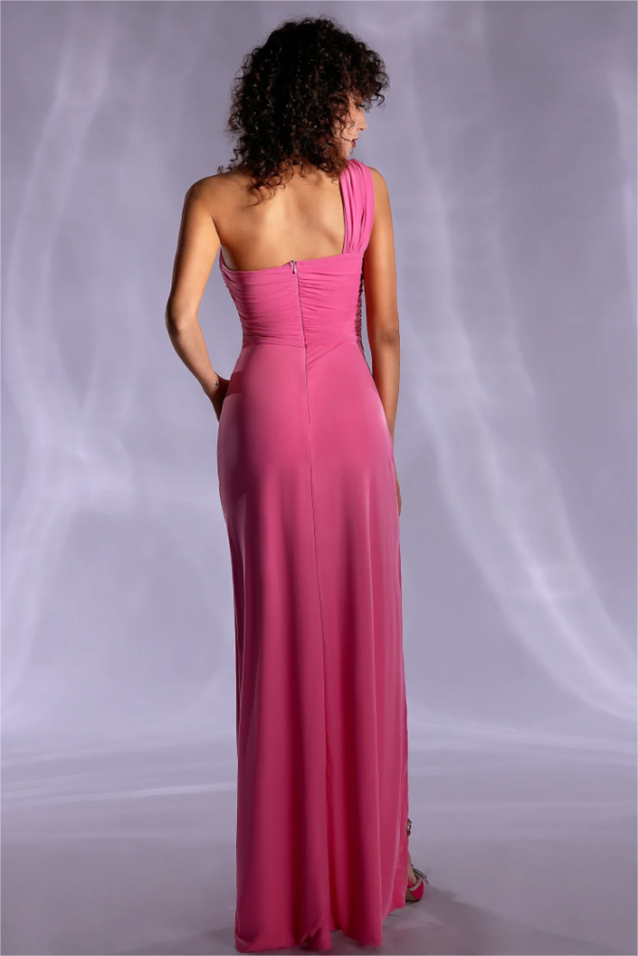 Solid One-Shoulder Cut-Out Knotted Midi Dress