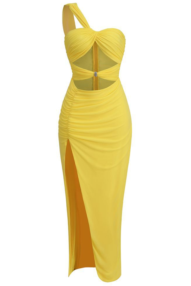 Solid One-Shoulder Cut-Out Knotted Midi Dress