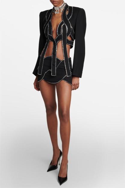 Rhinestone Cut-Out Long Sleeve Mini Top & Mid Waist Mini Skirt Set