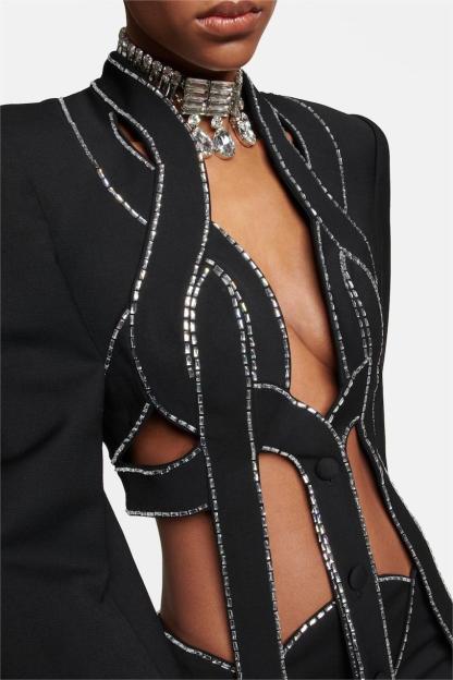 Rhinestone Cut-Out Long Sleeve Mini Top & Mid Waist Mini Skirt Set