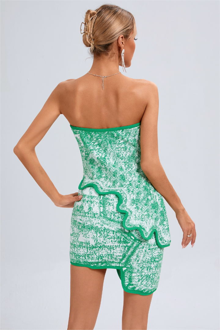 Abstract Print  Asymmetrical Strapless Mini Top & Hight Waist Mini Skirt Set